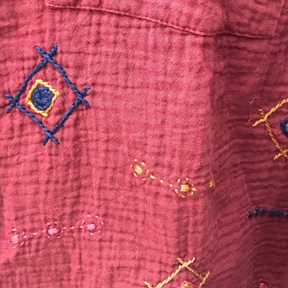 Woven Embroidered Button-Down Shirt - Burgundy - Picture 3 of 3